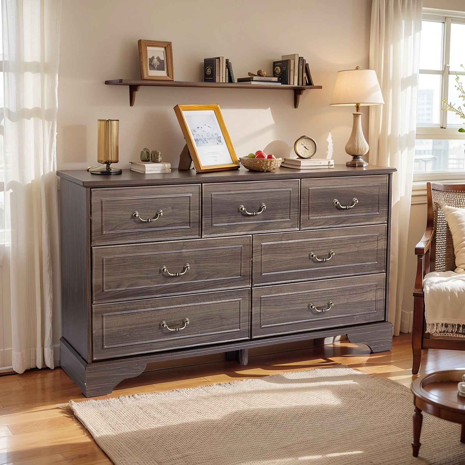 Shopi Vella brown 7-drawer chest of drawers in a cozy living room with decorative items on top