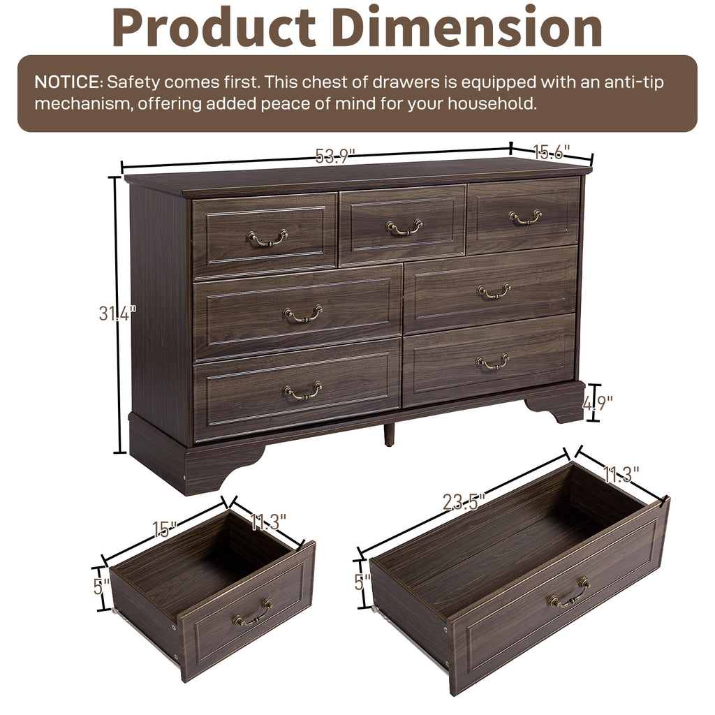 Shopi Vella brown 7-drawer chest of drawers with antique-style handles and detailed dimensions