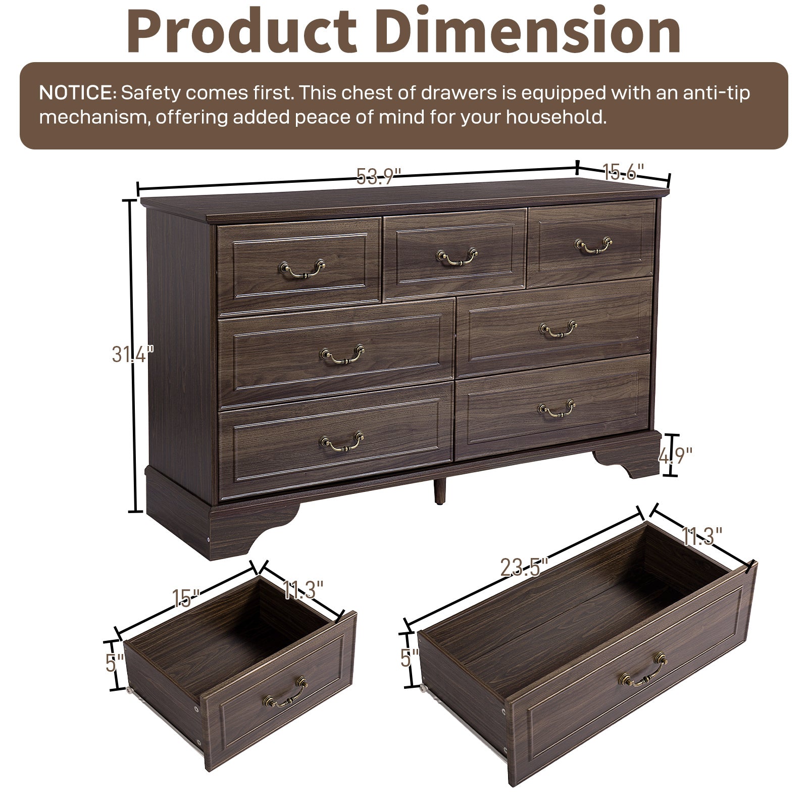 Shopi Vella brown 7-drawer chest of drawers with antique-style handles and detailed dimensions