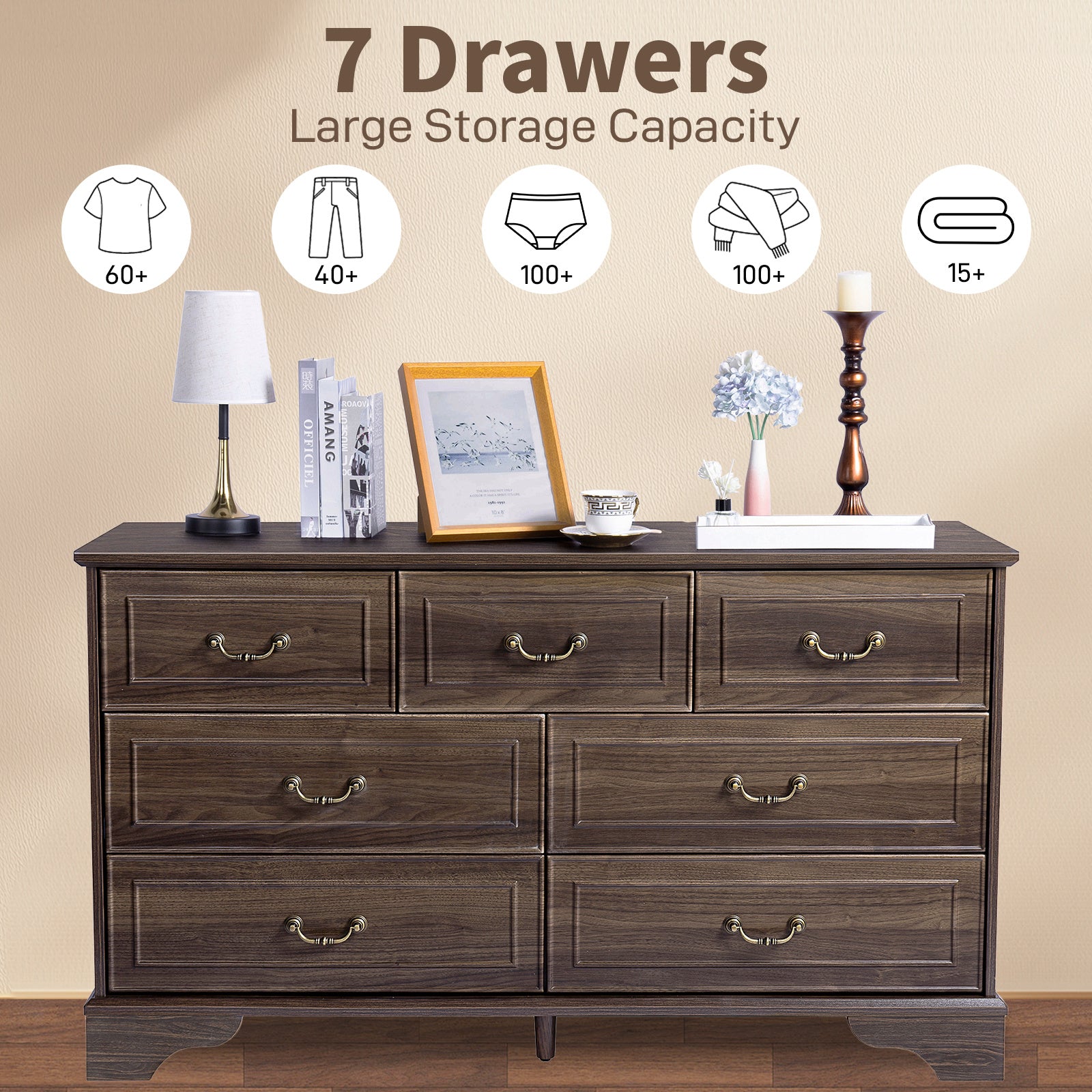 Shopi Vella brown 7-drawer chest of drawers with large storage capacity and decorative items on top