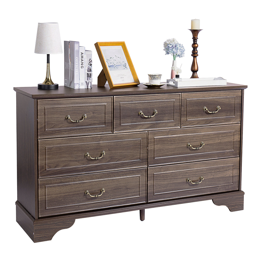 Shopi Vella brown 7-drawer chest of drawers with decorative items on top for organized storage