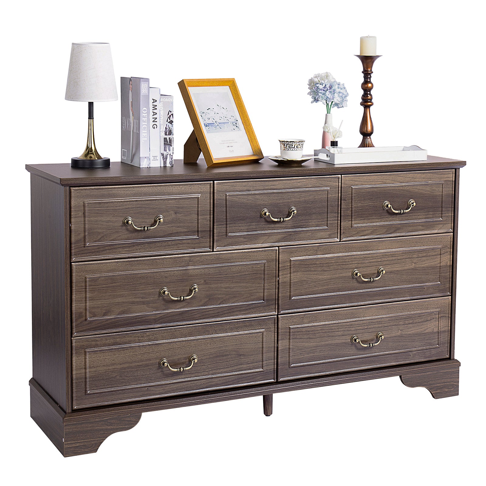 Shopi Vella brown 7-drawer chest of drawers with decorative items on top for organized storage