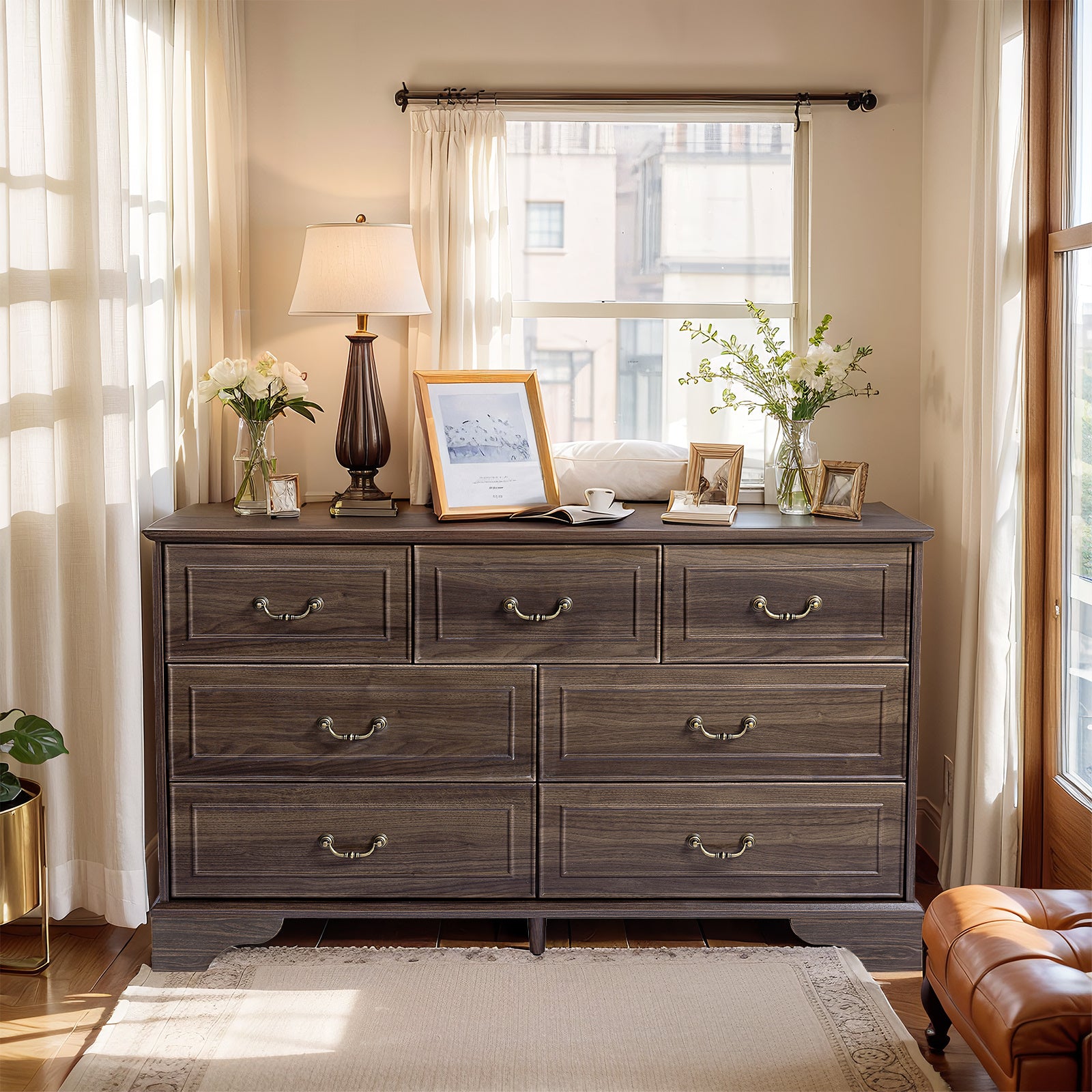 Shopi Vella brown 7-drawer chest of drawers with decorative handles and stylish storage in living room
