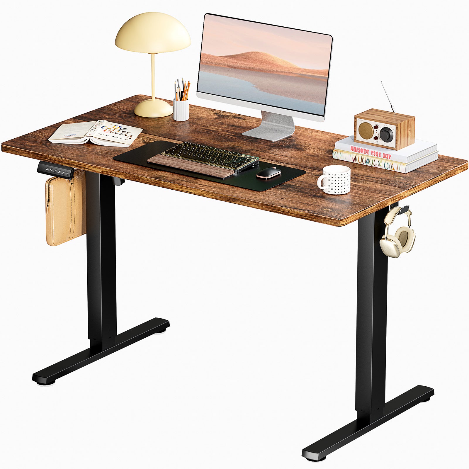 Shopi Vella standing desk for home office with wood top black metal legs and workspace accessories