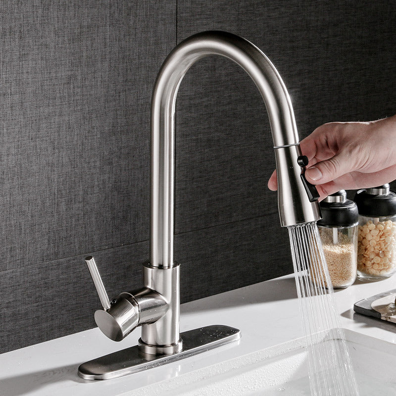 Shopi Vella brushed copper kitchen faucet with pull-down spray and single lever handle on white countertop