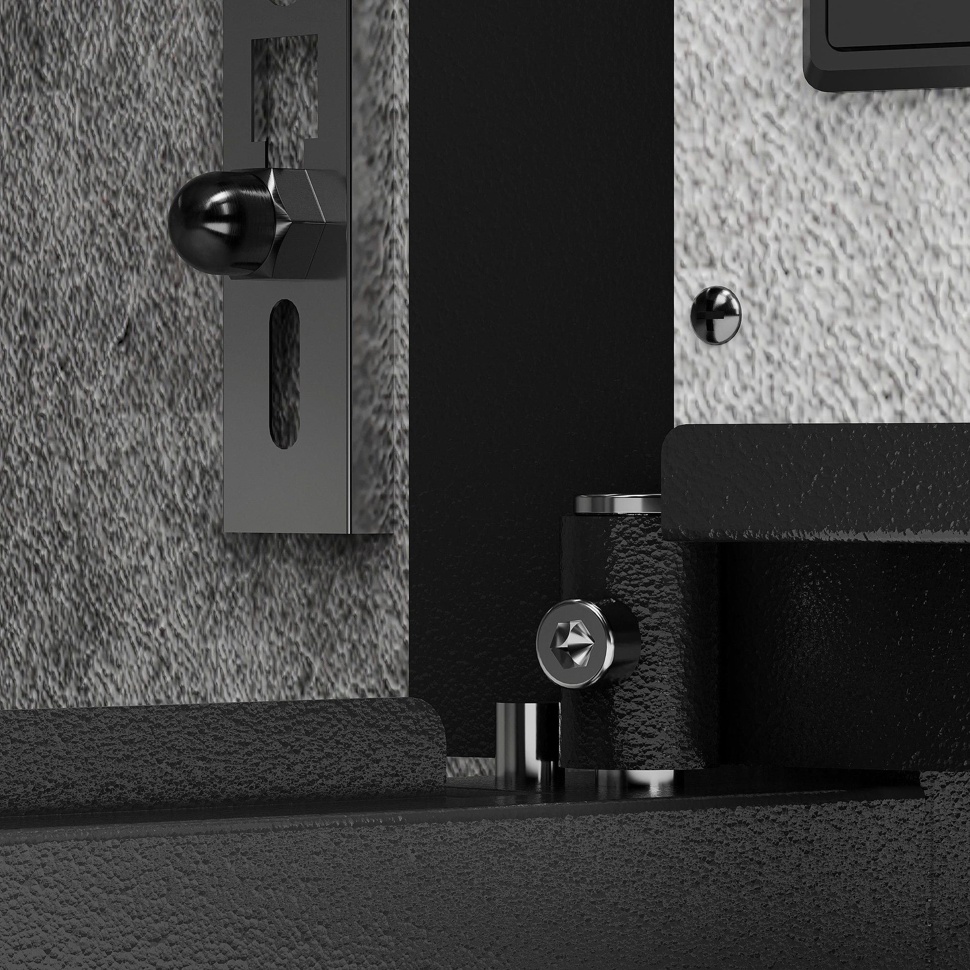 Close-up of Shopi Vella business cash deposit safe lock mechanism in black and silver