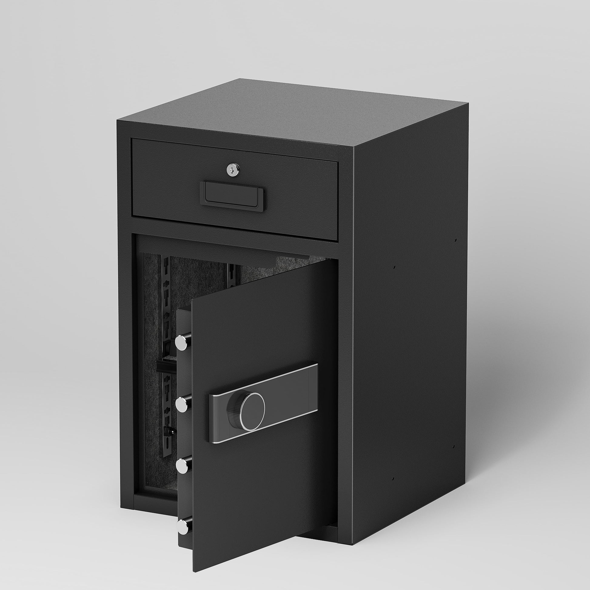 Shopi Vella black business cash deposit safe with secure locking door and front drawer