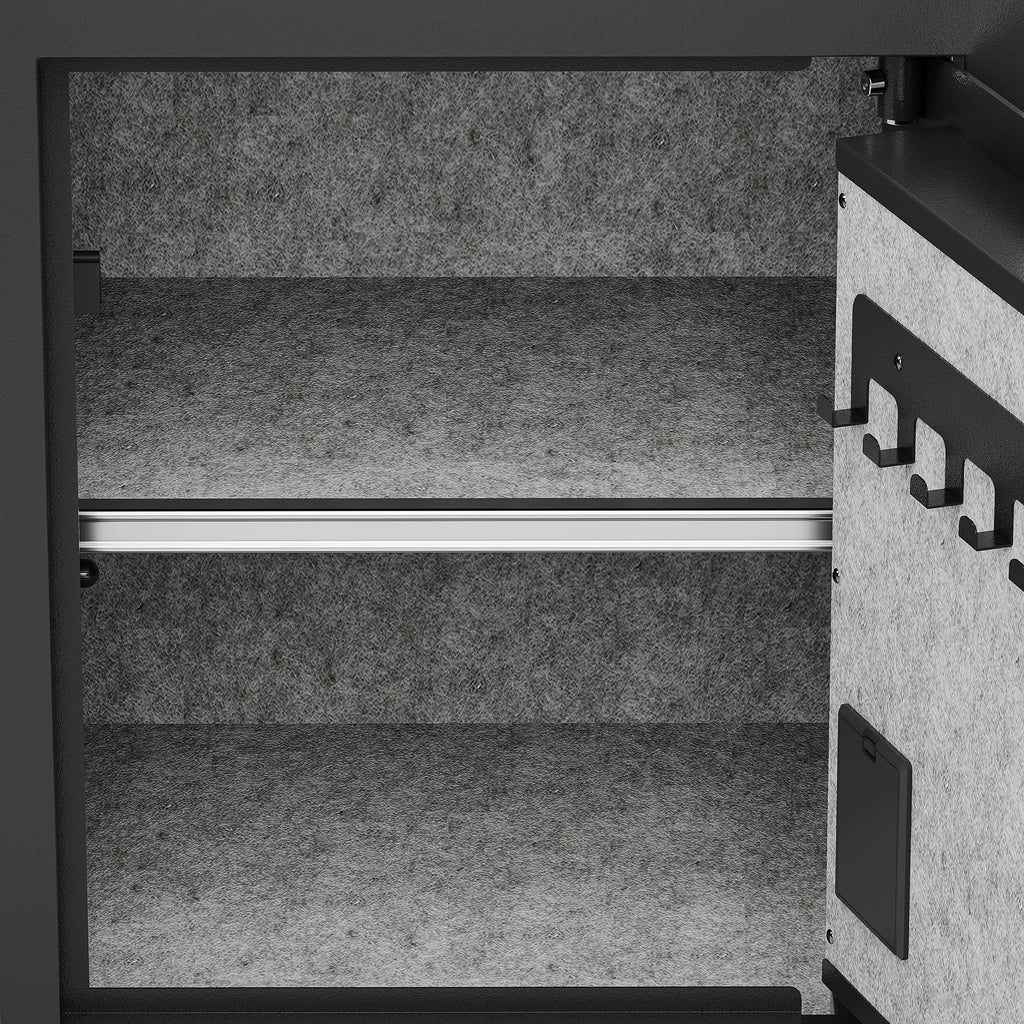 Shopi Vella business cash deposit safe interior with gray felt lining and hooks on door for storage organization