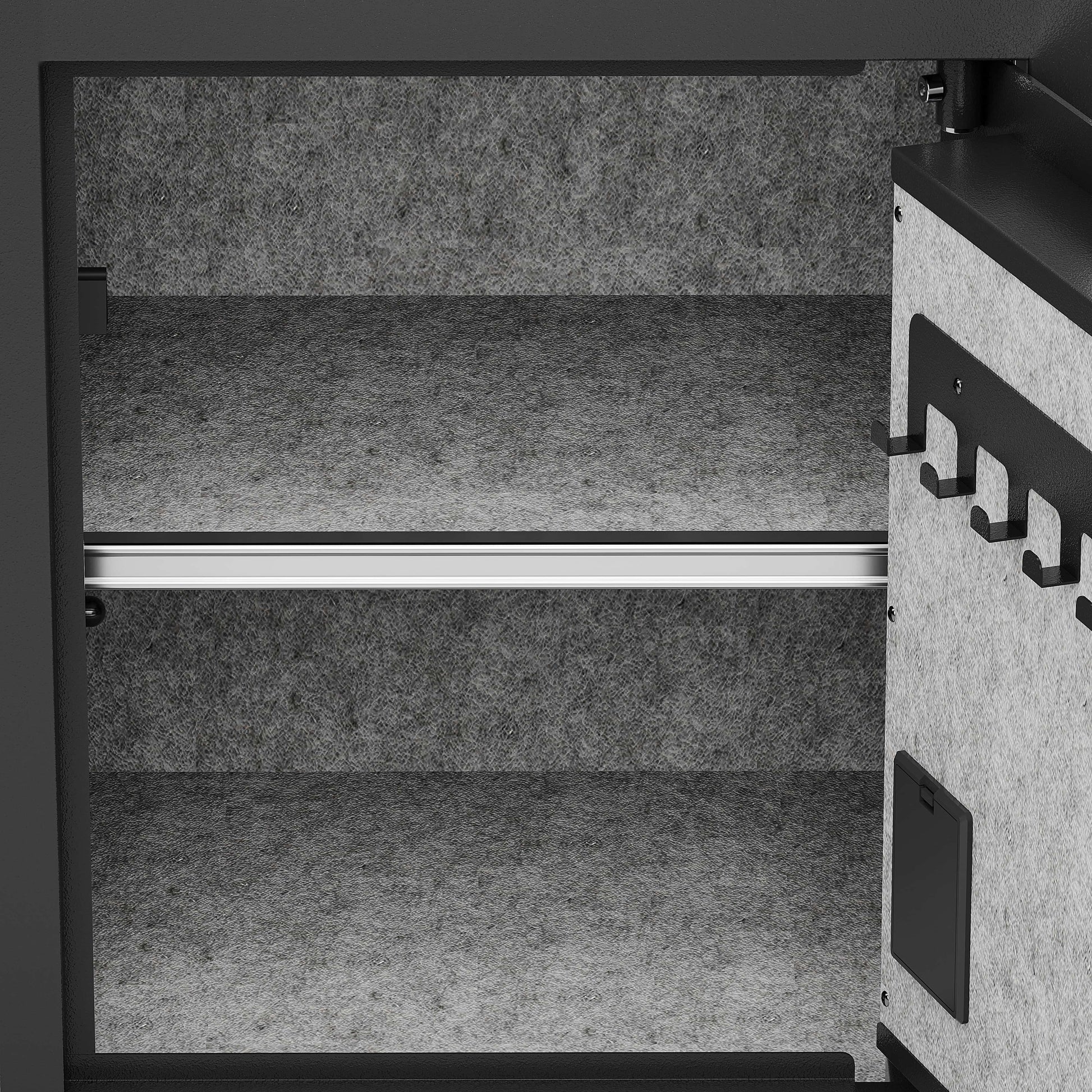 Shopi Vella business cash deposit safe interior with gray felt lining and hooks on door for storage organization