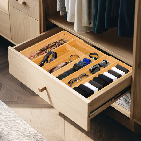 Shopi Vella bamboo storage box for drawers organizing ties belts watches and sunglasses in wooden drawer