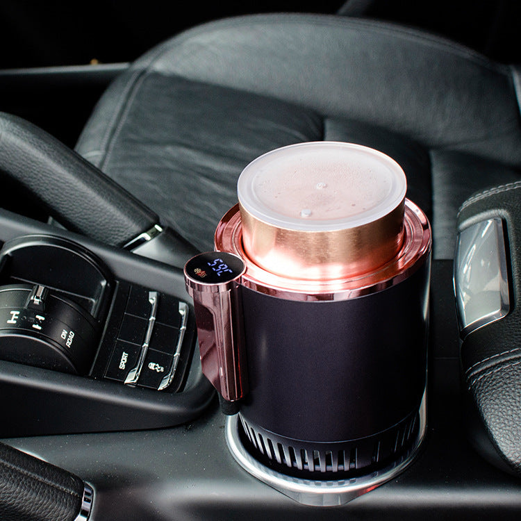 Shopi Vella cooling cup placed in a car cup holder warmer cooler with digital temperature display