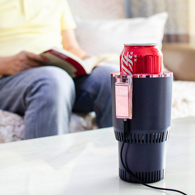 Shopi Vella cooling cup in black with red accents holding a soda can car cup holder warmer cooler