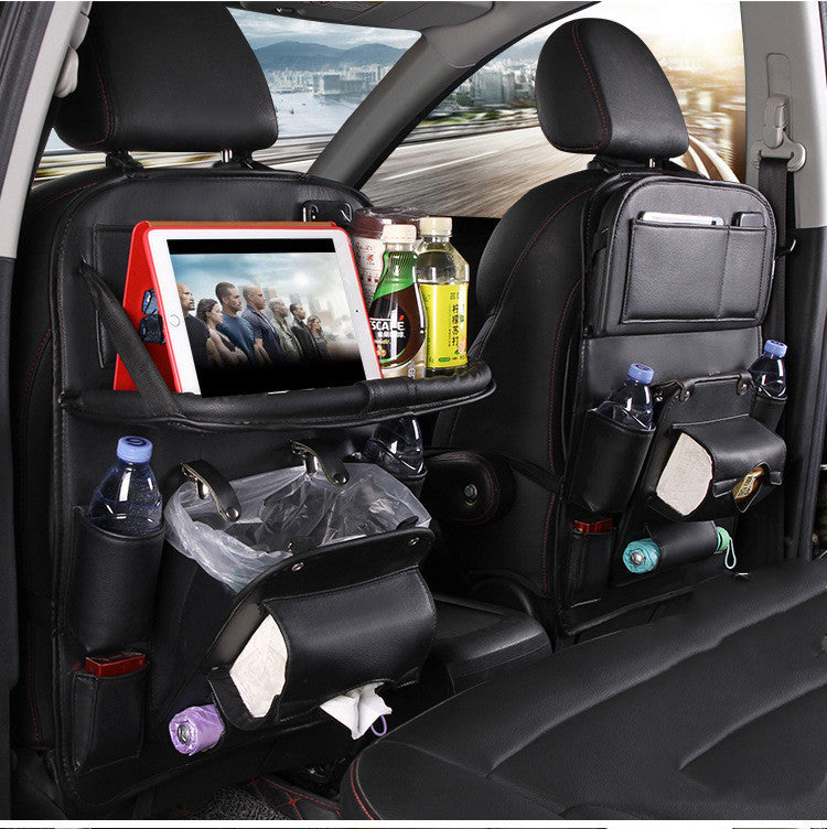 Shopi Vella black leather car seat back storage bag with tablet holder and multiple compartments for bottles and tissues