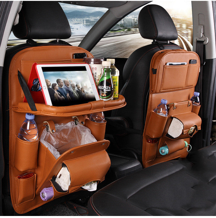Shopi Vella brown car seat back storage bag with multiple compartments for bottles tablet and tissues