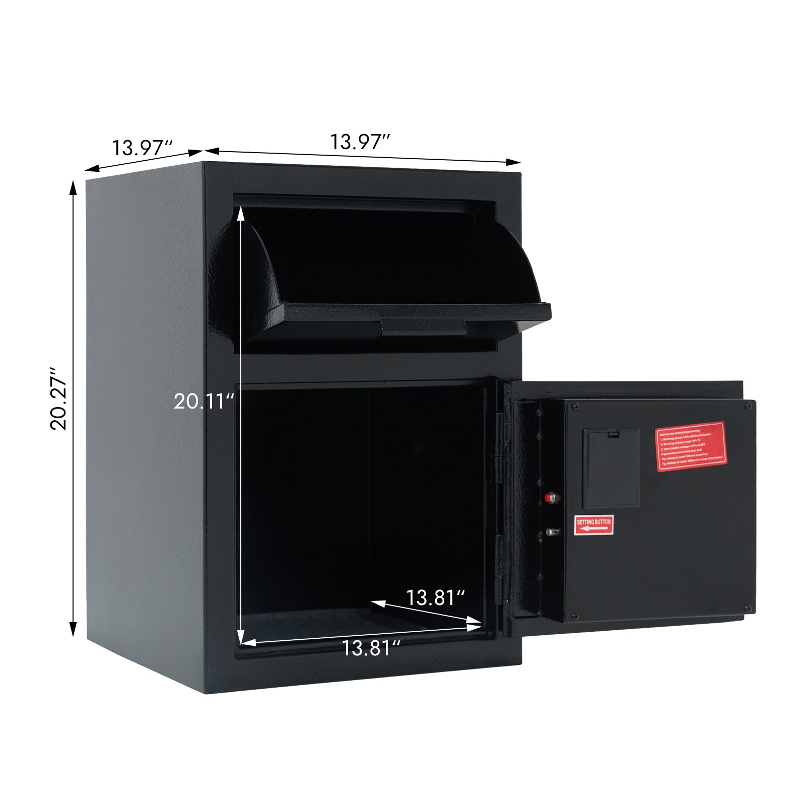 Shopi Vella carbon steel depository safe with electronic lock in black with door and deposit slot open