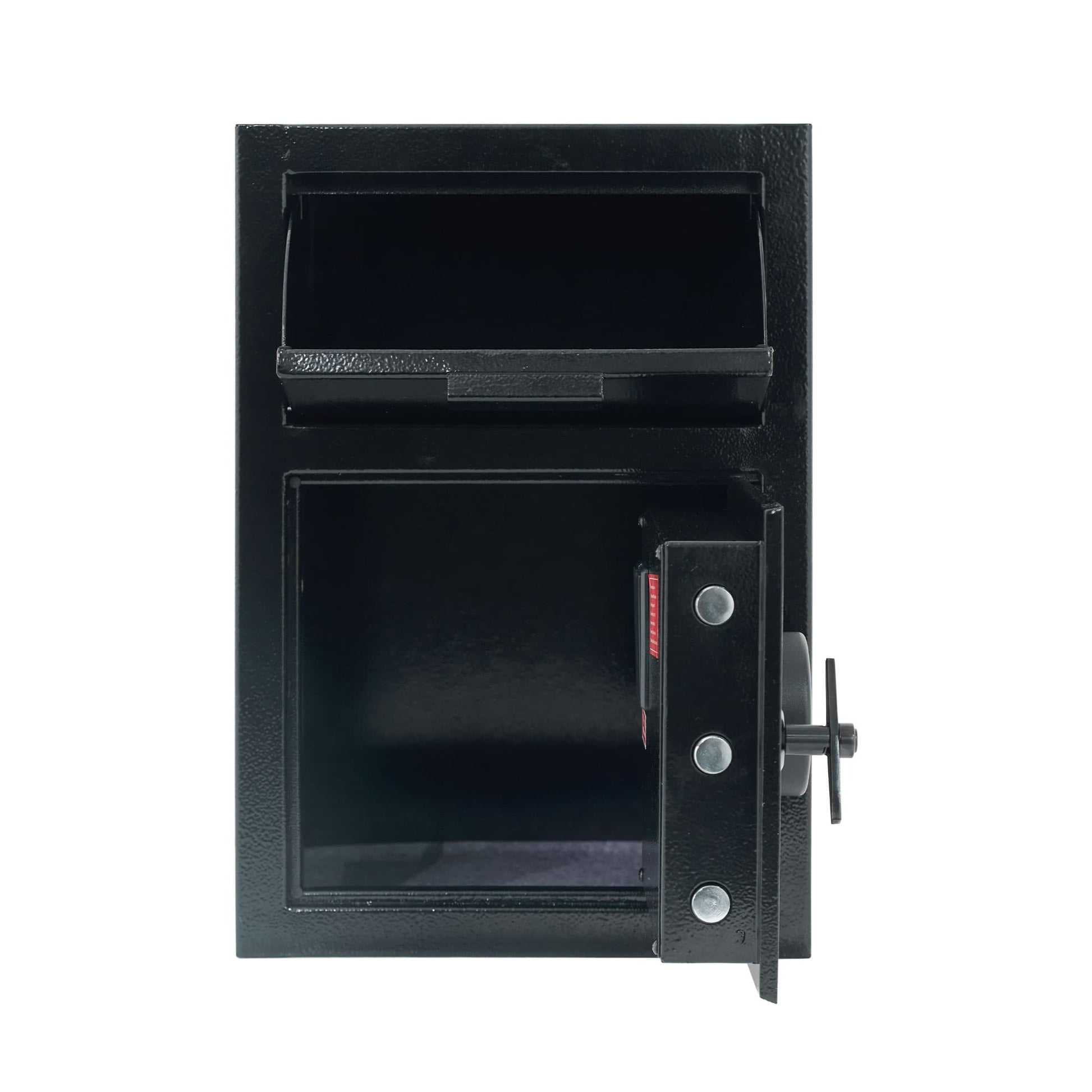 Shopi Vella carbon steel depository safe with electronic lock in black with open front door and deposit slot