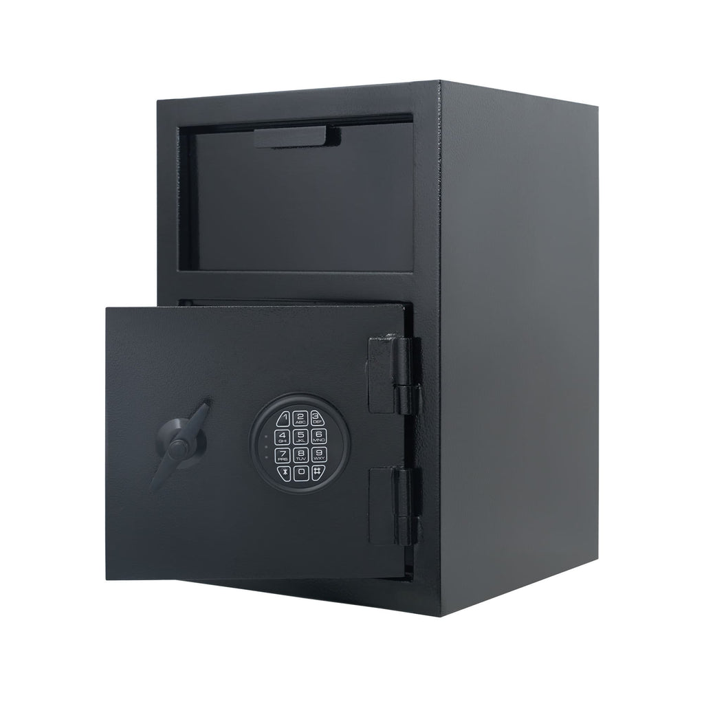 Shopi Vella carbon steel depository safe with electronic lock in black with secure storage drawer and keypad