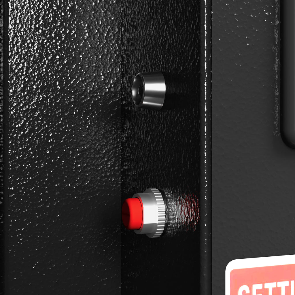Close up of black carbon steel digital safe box locking mechanism with red button and textured surface