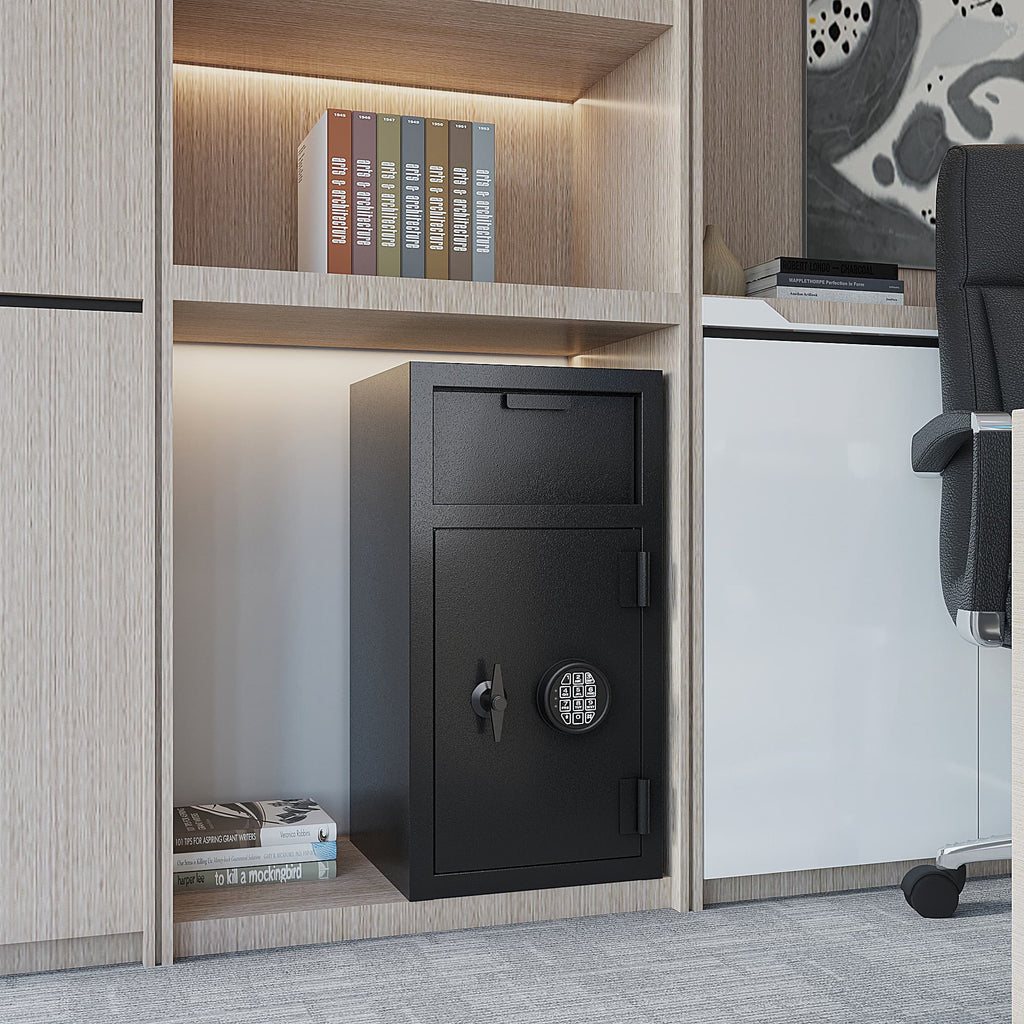 Shopi Vella carbon steel digital safe box placed in wooden office shelf for secure storage