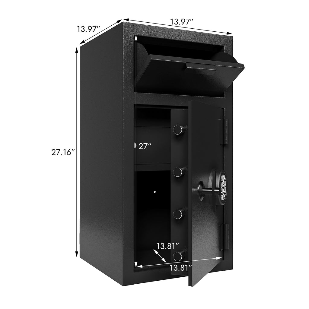 Shopi Vella black carbon steel digital safe box with open door and deposit slot showing interior dimensions