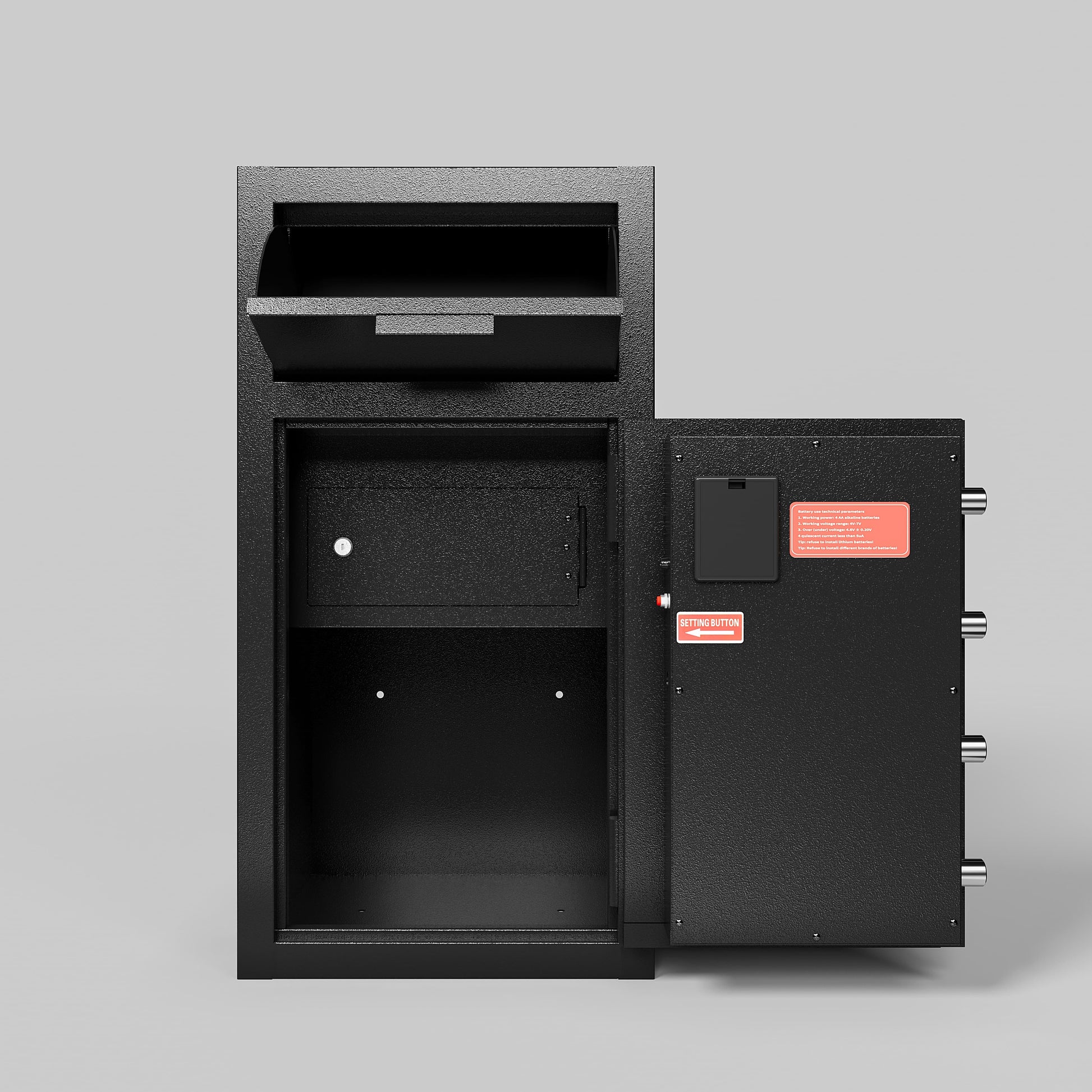 Shopi Vella carbon steel digital safe box with open door showing interior compartments and locking bolts