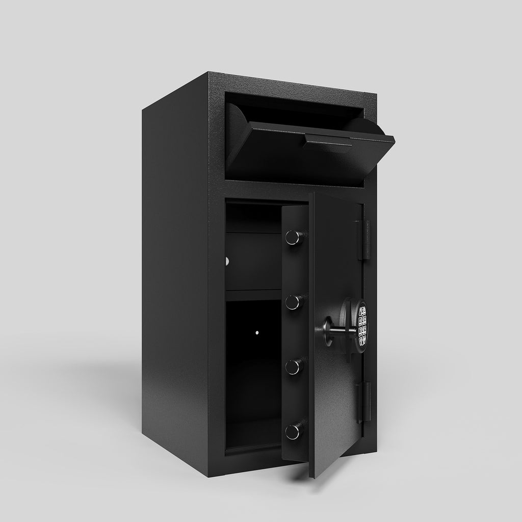 Shopi Vella black carbon steel digital safe box with open door and electronic keypad