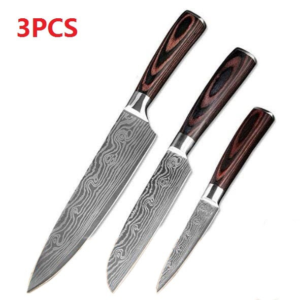 Shopi Vella carpenter's chef knife 8 piece set with three patterned blades and wooden handles