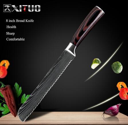 Carpenter's chef knife 8 piece set featuring an 8 inch serrated bread knife with wooden handle