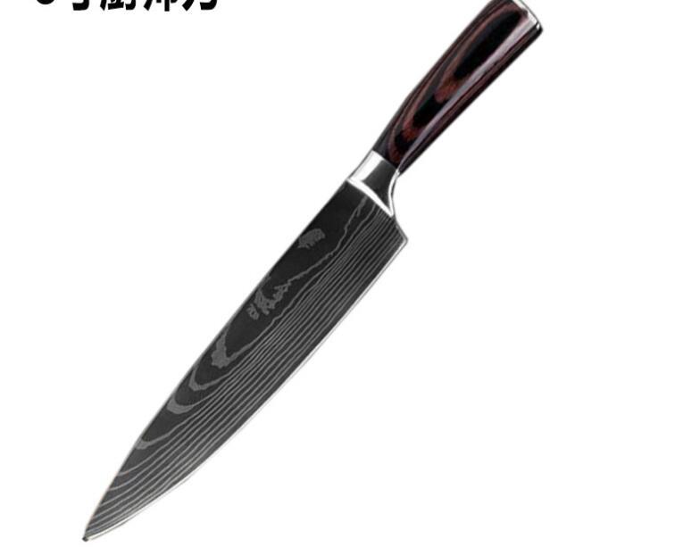 Shopi Vella carpenter's chef knife 8 piece set with Damascus patterned blade and wooden handle