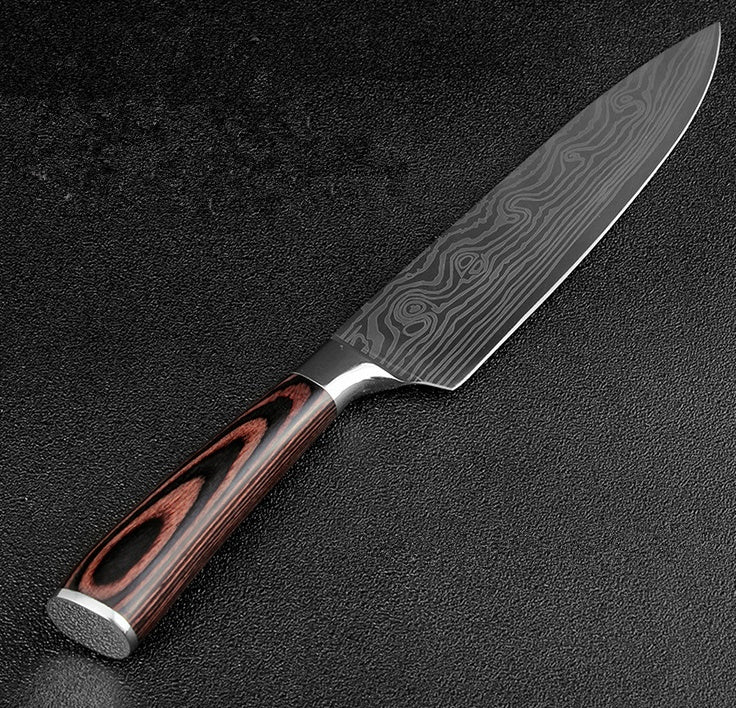 Shopi Vella carpenter's chef knife 8 piece set with patterned blade and wooden handle