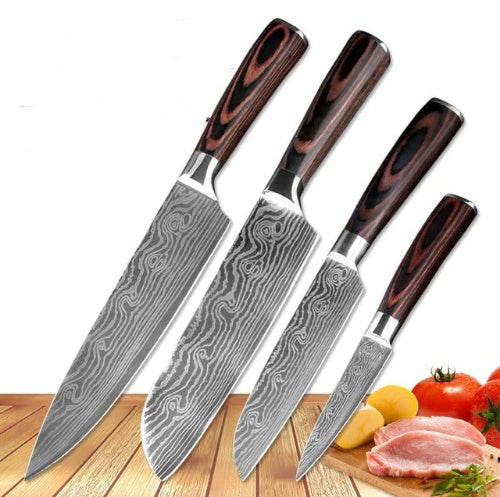 Shopi Vella carpenter's chef knife 8 piece set with patterned blades and wooden handles on a cutting board