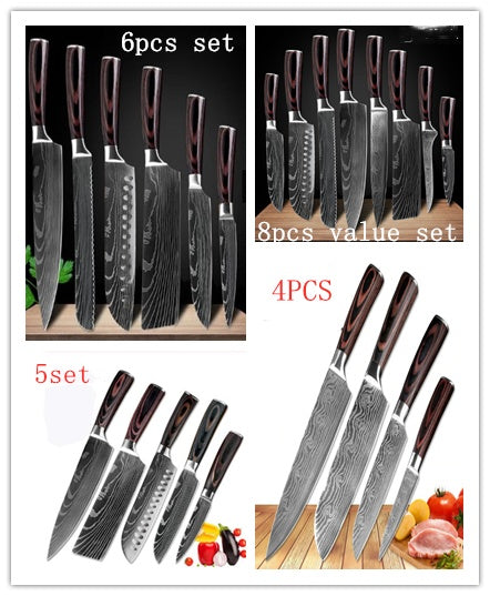 Carpenter's chef knife 8 piece set with wooden handles and patterned blades for kitchen use