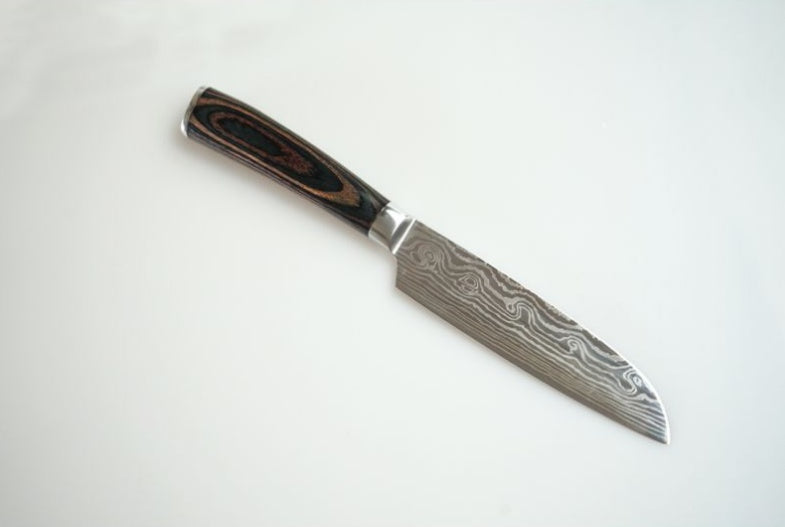 Shopi Vella carpenter's chef knife 8 piece with patterned Damascus steel blade and wooden handle
