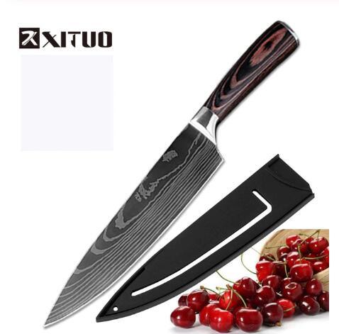 carpenter's chef knife 8 piece set with Damascus steel blade and wooden handle with black sheath