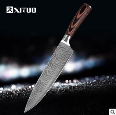Shopi Vella carpenter's chef knife 8 piece with patterned blade and wooden handle for precise kitchen cutting