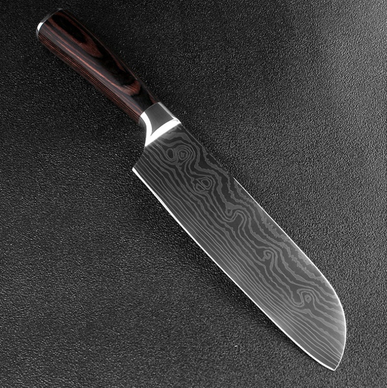 Carpenter's chef knife 8 piece set sharp Damascus steel blade with wooden handle on black surface