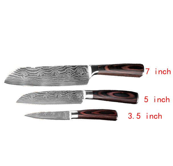Carpenter's chef knife 8 piece set featuring 7 inch, 5 inch, and 3.5 inch Damascus blades with wooden handles