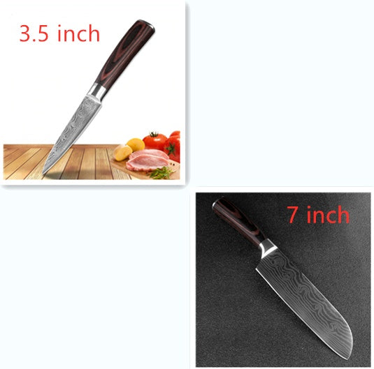 Shopi Vella carpenter's chef knife 8 piece set featuring 3.5 inch and 7 inch Damascus blades with wooden handles