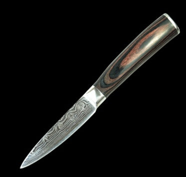 Sharp blade detailed pattern of carpenter's chef knife 8 piece with wooden handle on black background