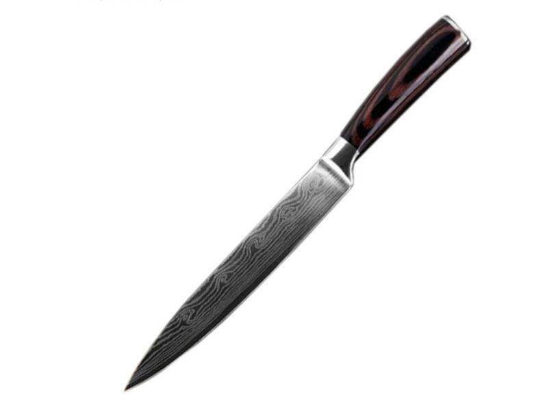Carpenter's chef knife 8 piece with dark wooden handle and patterned steel blade for kitchen use