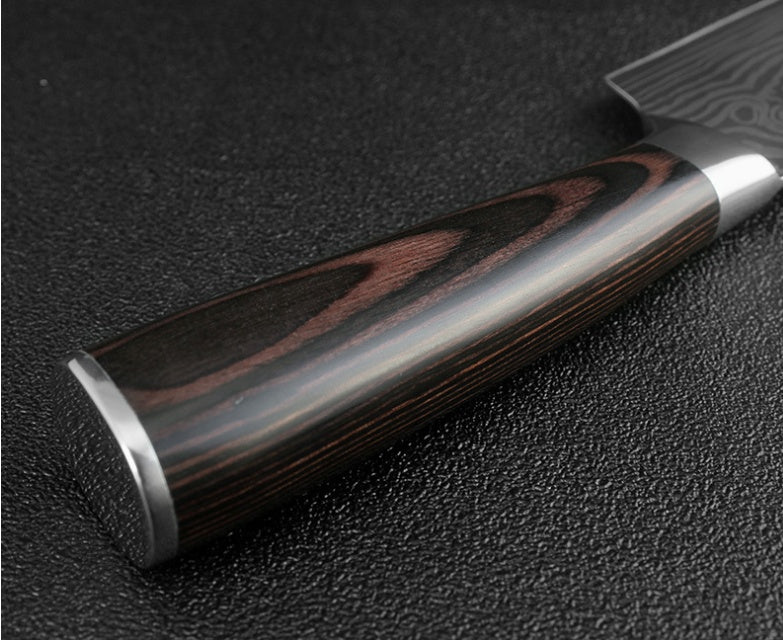 Close-up of carpenter's chef knife 8 piece wooden handle with stainless steel accents on textured black surface