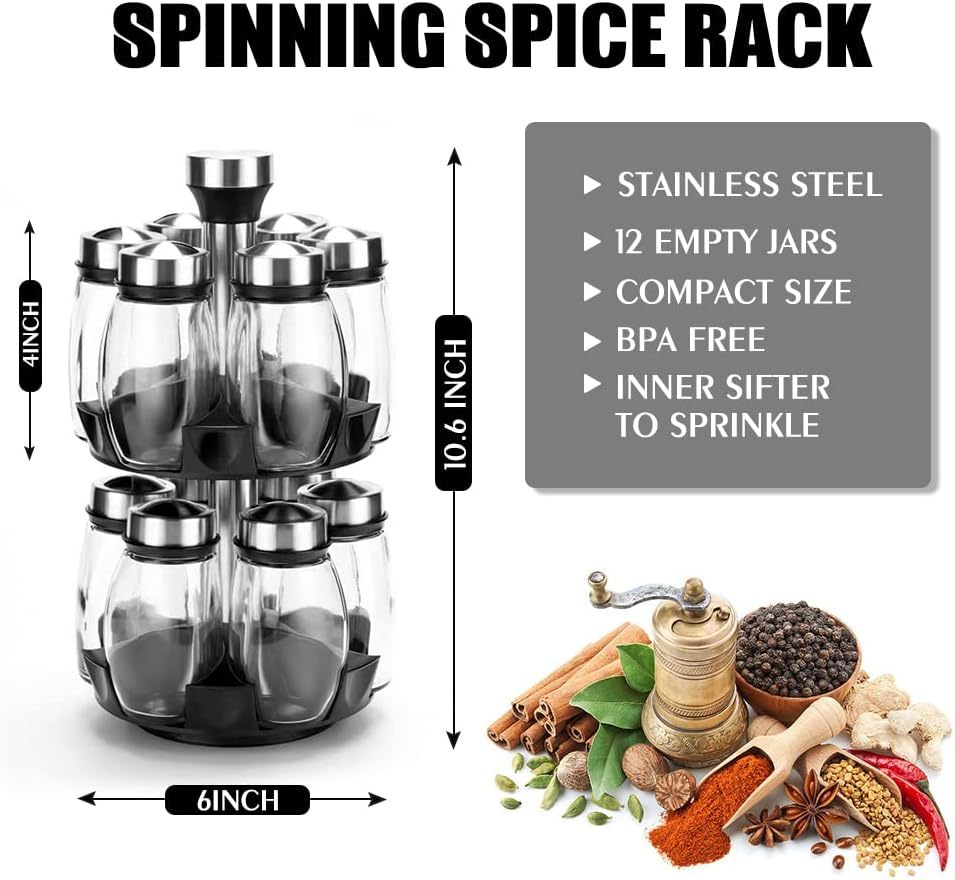 Spinning spice storage rack with jars by Shopi Vella stainless steel 12 empty BPA free compact size