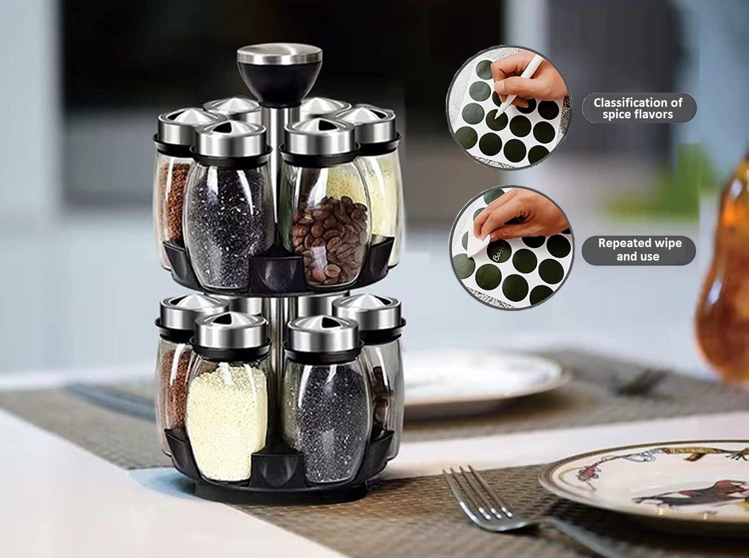Shopi Vella spinning spice storage rack with jars featuring stainless steel lids on a kitchen countertop