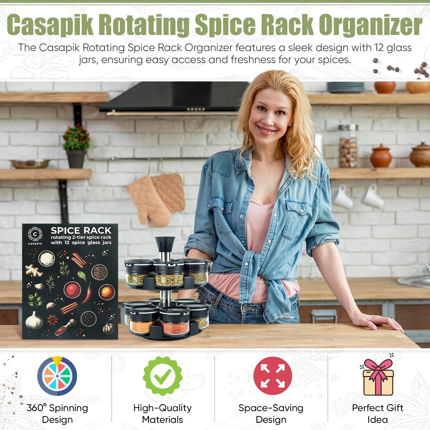 Spinning spice storage rack with jars by Shopi Vella shown on kitchen counter with woman smiling