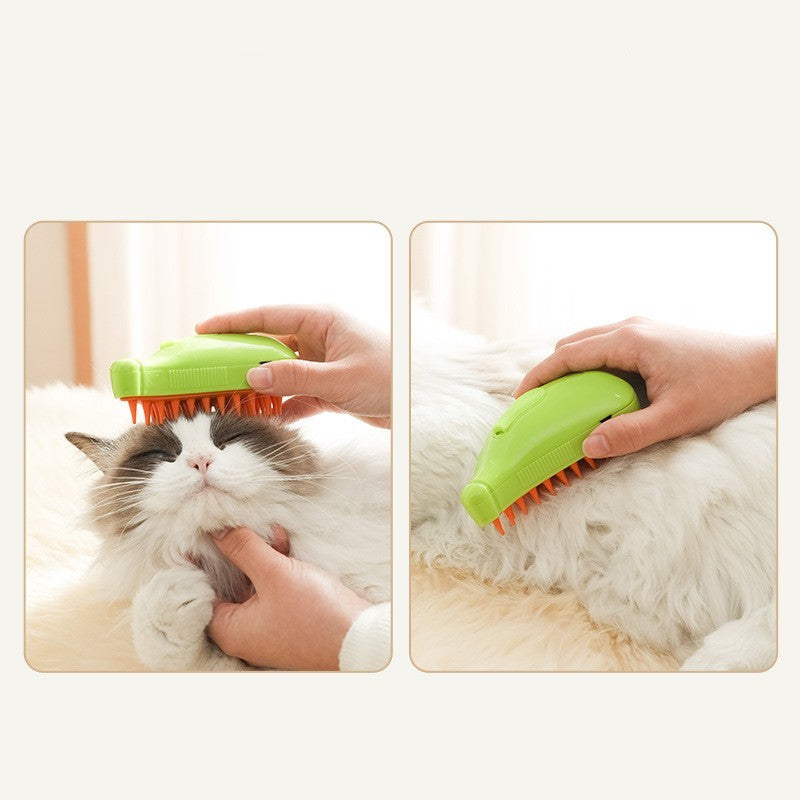 Shopi Vella cat and dog hair removal comb gently grooming a fluffy white cat indoors