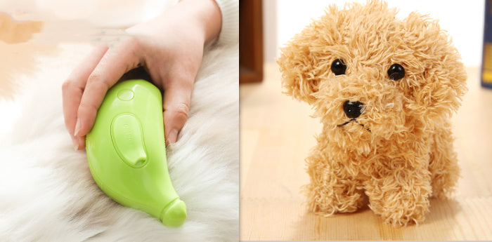 Shopi Vella cat and dog hair removal comb in green used to remove pet hair from white fur