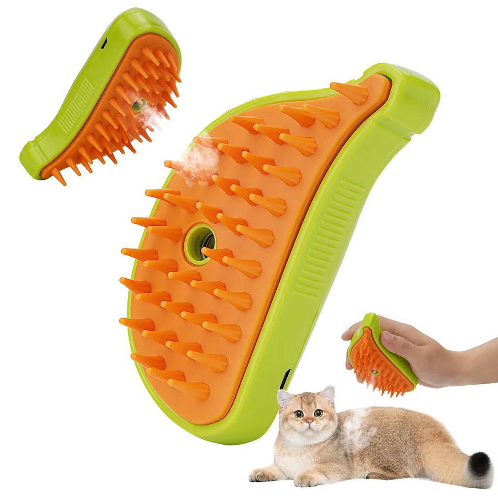 Shopi Vella cat and dog hair removal comb with orange rubber bristles held above a resting cat