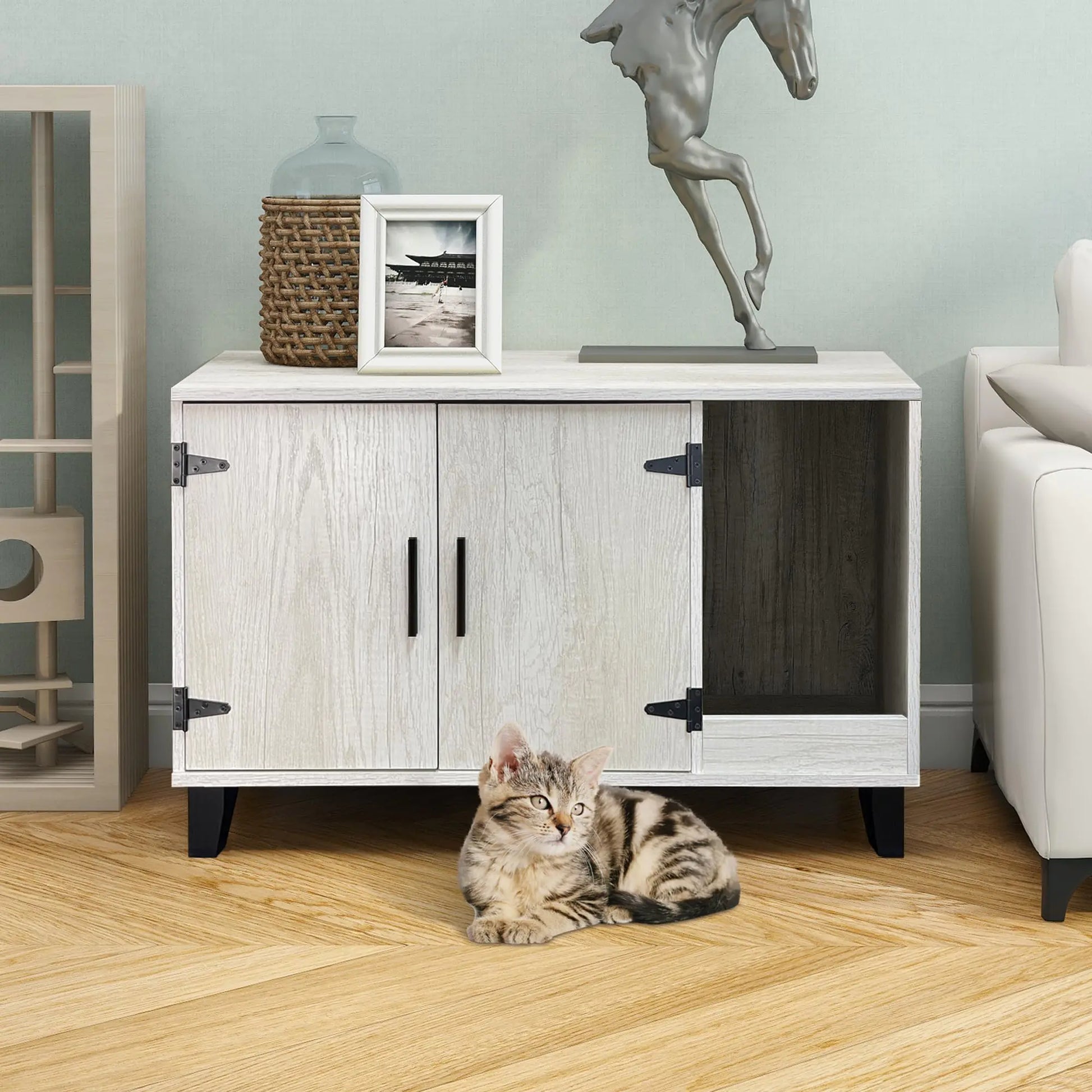 Cat house with scratch pad pine wooden cat furniture with kitten resting beside it