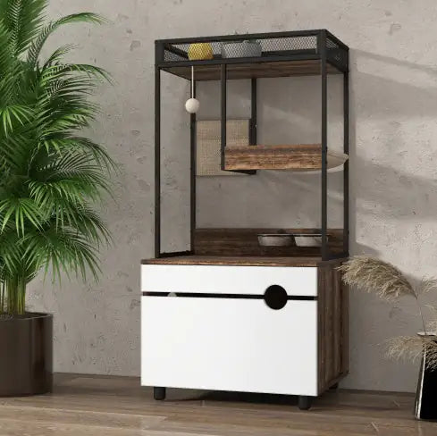 Modern cat litter box enclosure furniture with wood and metal frame in stylish indoor setting