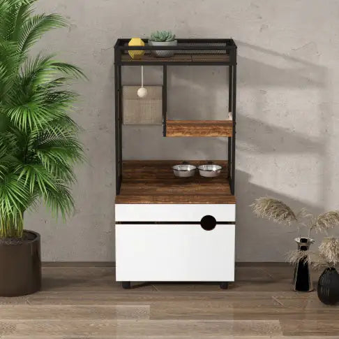 Modern cat litter box enclosure furniture with wooden top, black metal frame, and built-in pet bowls